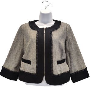 Forever 21 Women Sz M Gray Black Blazer Full Zip Wool Blend Cropped Lace Trim